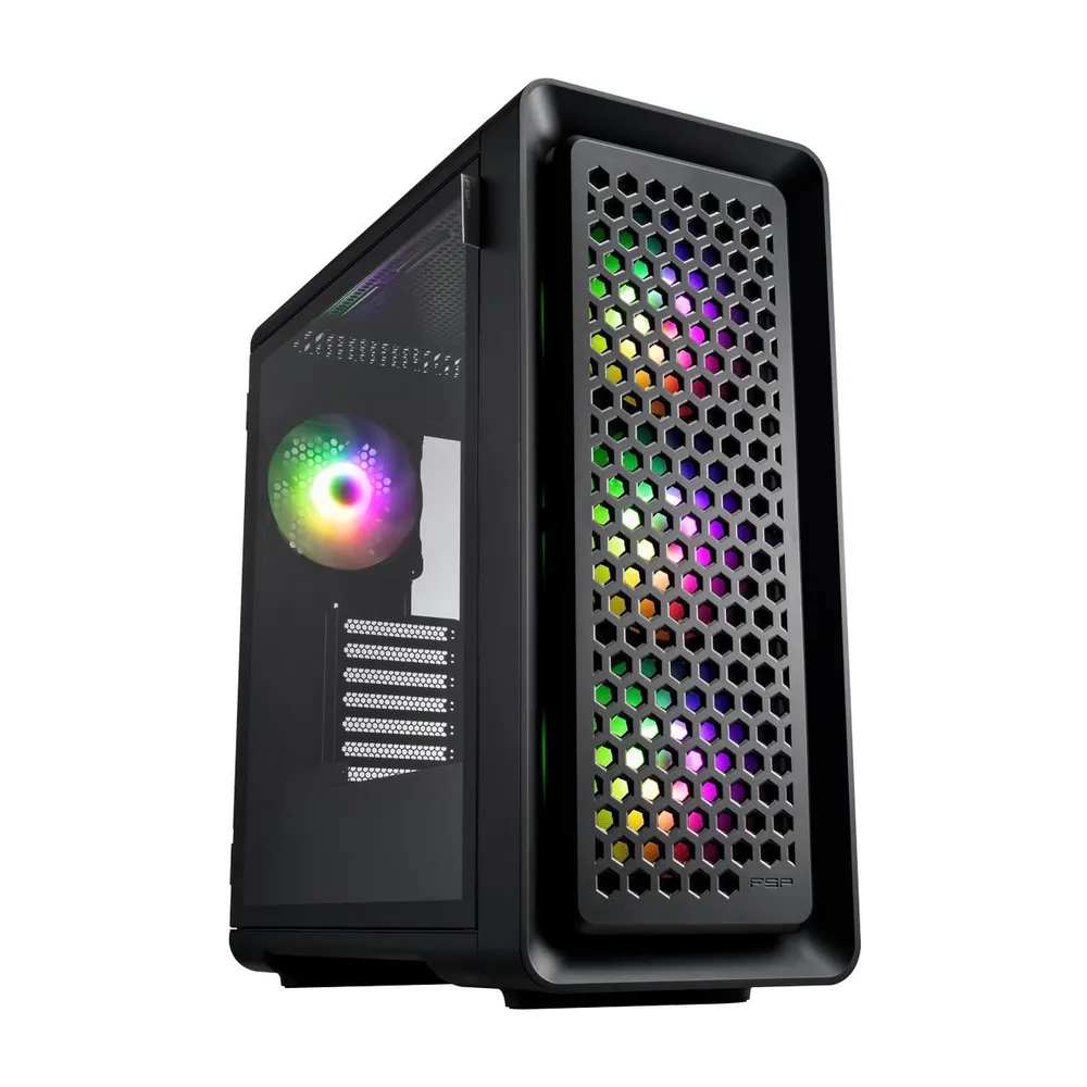 case-fsp-cut593p-premium-black-1 نمای بالا و پنل جلوی مش کیس FSP CUT593P Premium